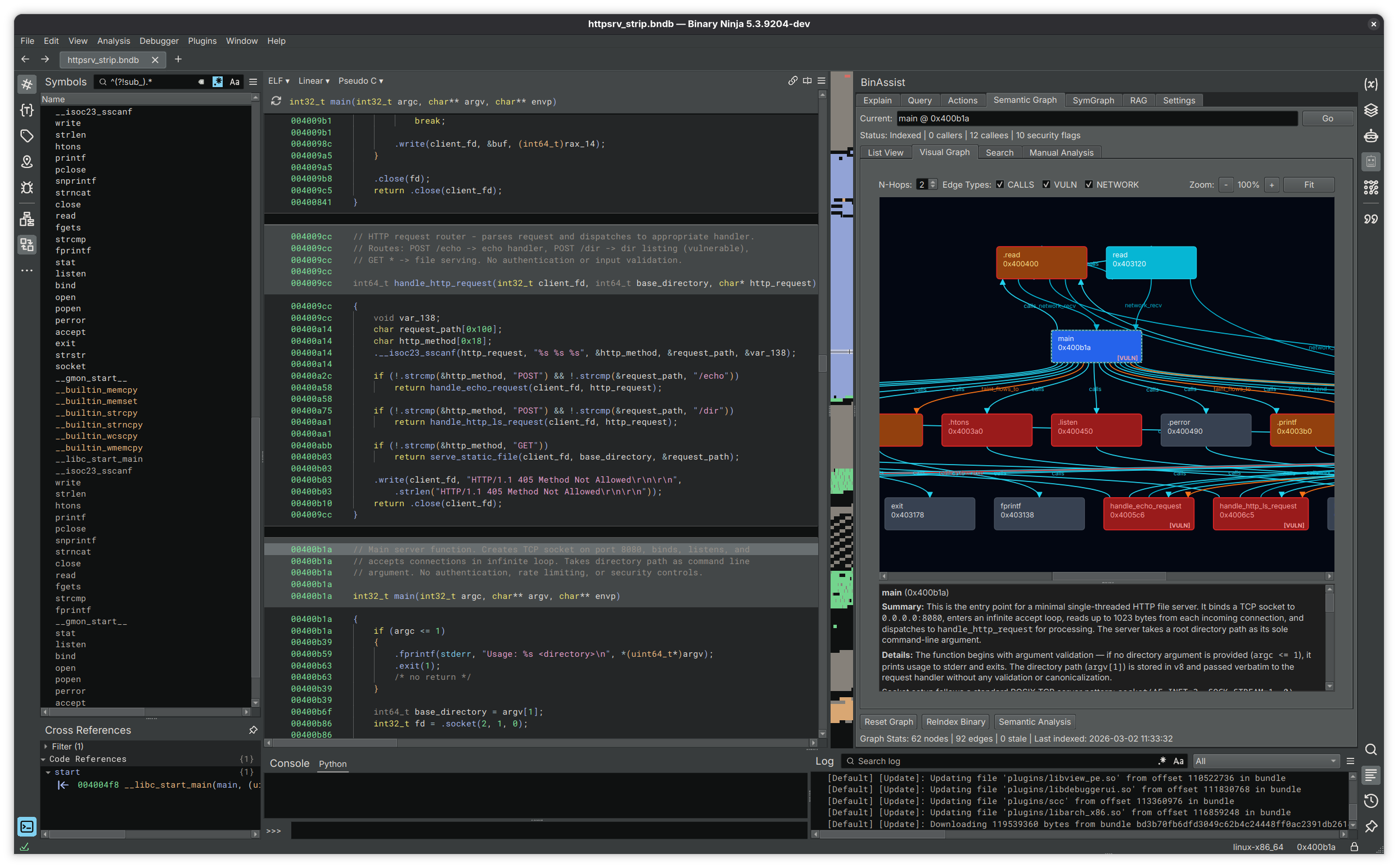 BinAssist open inside Binary Ninja with analysis tabs and assistant output